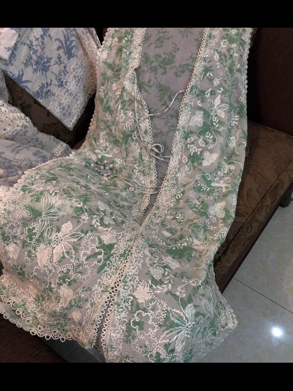 Embroidered Maxi Dress with Scalloped Lace Cape in Light Sage - Picture 8 of 12